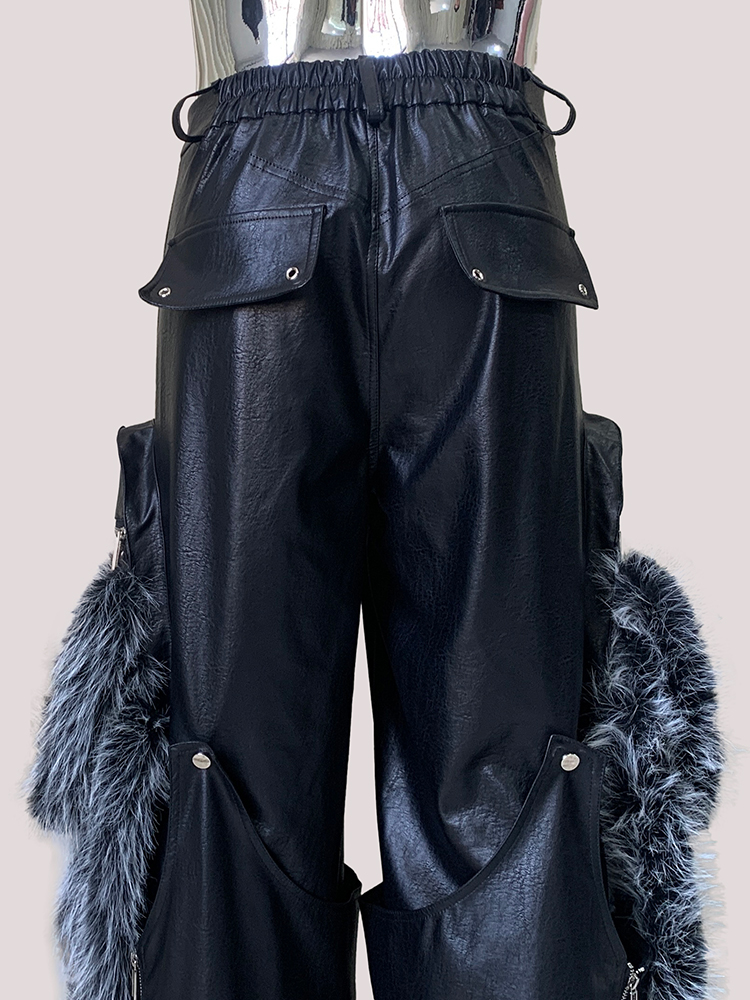 Leather Work Pants - Nerazzurri Jesienne Luźne Spodnie Cargo z