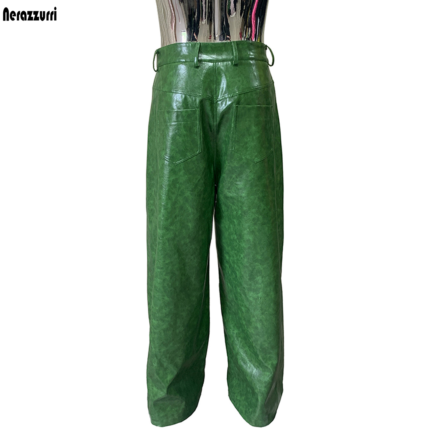 Leather Work Pants - Nerazzurri Jesienne Wodoodporne Luźne Długie Błyszczące